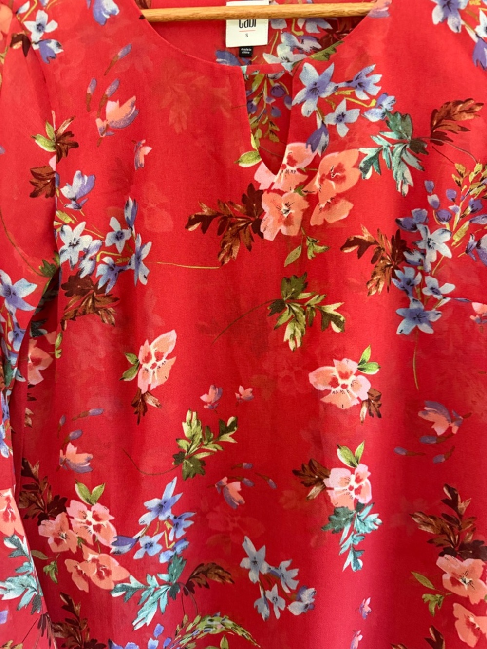 CAbi Red Floral V-Neck Bell Sleeve Blouse - Picture 3 of 5